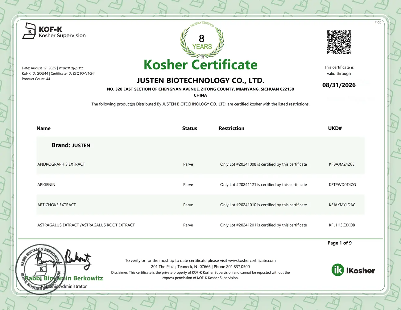 Kosher Certificate-Justen Biotechnology_01