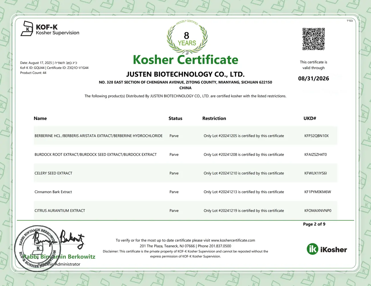 Kosher Certificate-Justen Biotechnology_02