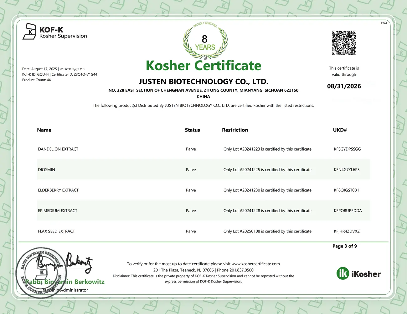 Kosher Certificate-Justen Biotechnology_03